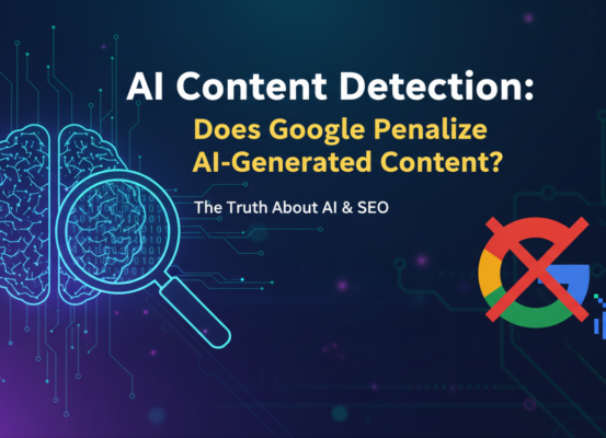 Blog banner with a digital theme, title: 'AI Content Detection: Does Google Penalize AI-Generated Content?'