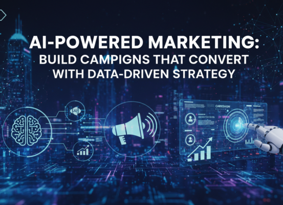 Blog banner with 'AI-Powered Marketing: Build Campaigns That Convert' in bold text