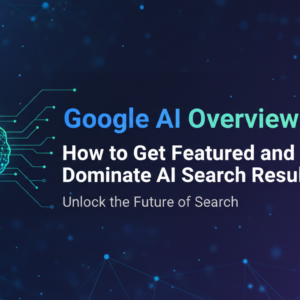 Blog banner with 'Google AI Overviews' title, tech-themed background