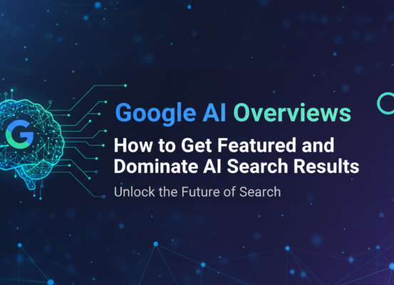 Blog banner with 'Google AI Overviews' title, tech-themed background