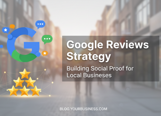 Blog banner with 'Google Reviews Strategy' title, featuring social proof icons