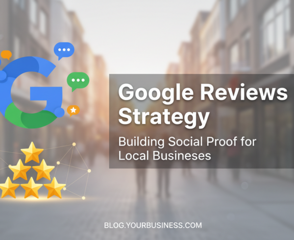 Blog banner with 'Google Reviews Strategy' title, featuring social proof icons