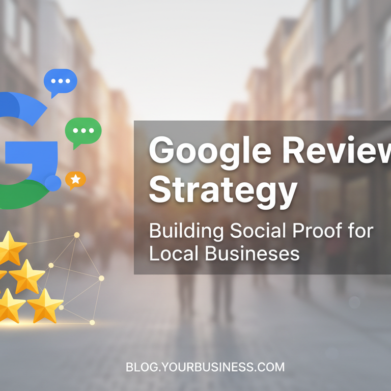 Blog banner with 'Google Reviews Strategy' title, featuring social proof icons