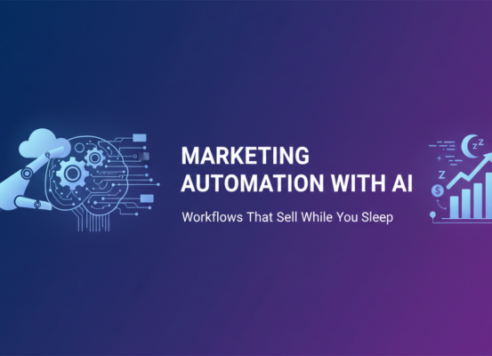 Blog banner with 'Marketing Automation with AI' title, featuring digital marketing icons.