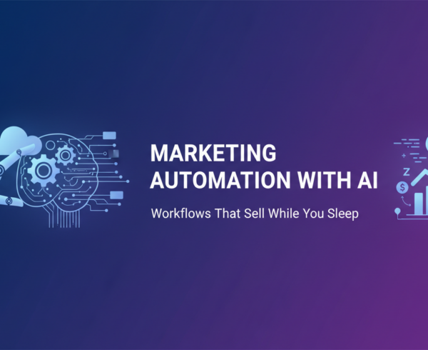 Blog banner with 'Marketing Automation with AI' title, featuring digital marketing icons.