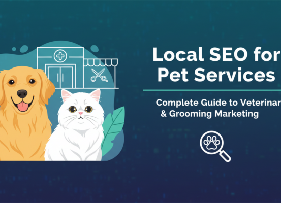 Blog banner with pets, paw prints, 'Local SEO for Pet Services: Complete Guide.'