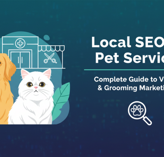 Blog banner with pets, paw prints, 'Local SEO for Pet Services: Complete Guide.'