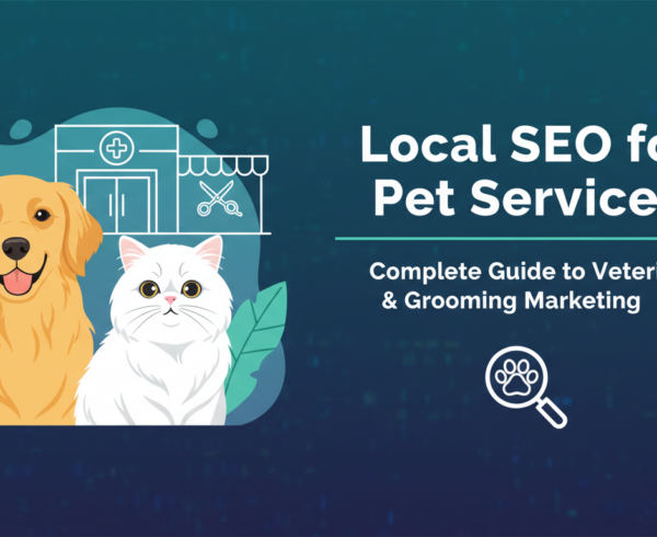 Blog banner with pets, paw prints, 'Local SEO for Pet Services: Complete Guide.'