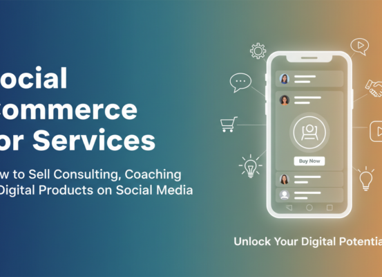 Blog banner with 'Social Commerce for Services' title over social media icons and digital elements.