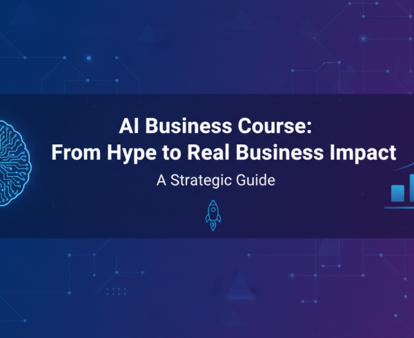 Blog banner with the title 'AI Business Course: From Hype to Real Business Impact – A Strategic Guide', set against a modern, professional background.