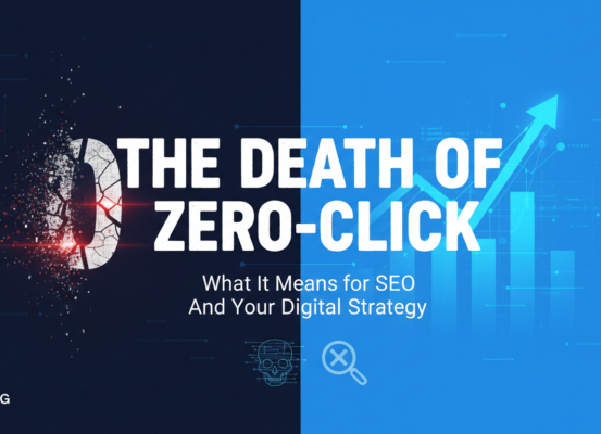 Blog banner with the title 'The Death of Zero-Click' over a digital marketing theme.