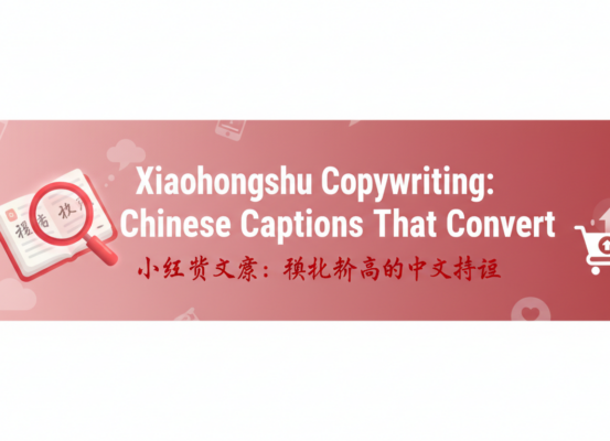 Blog banner with the title 'Xiaohongshu Copywriting: Chinese Captions That Convert' in elegant typography.