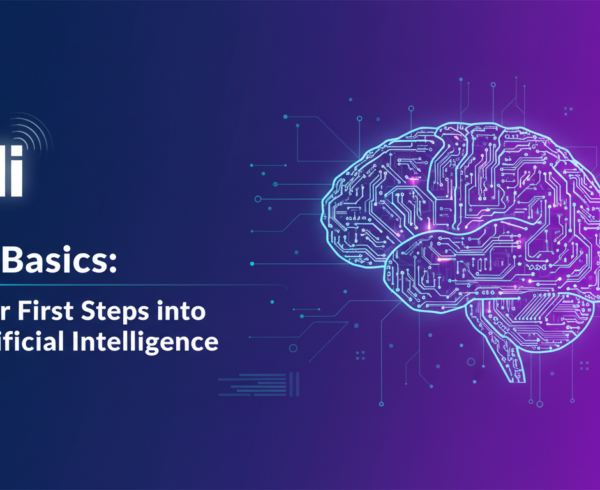 Blog banner with title 'AI Basics: Your First Steps into Artificial Intelligence' on a digital background.