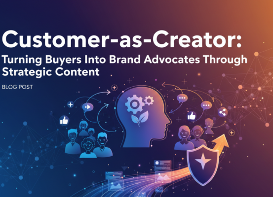 Blog banner with title 'Customer-as-Creator: Turning Buyers Into Brand Advocates' on a vibrant backdrop