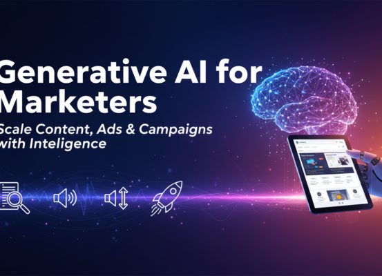 Blog banner with title 'Generative AI for Marketers: Scale Content, Ads & Campaigns with Intelligence' in bold font.