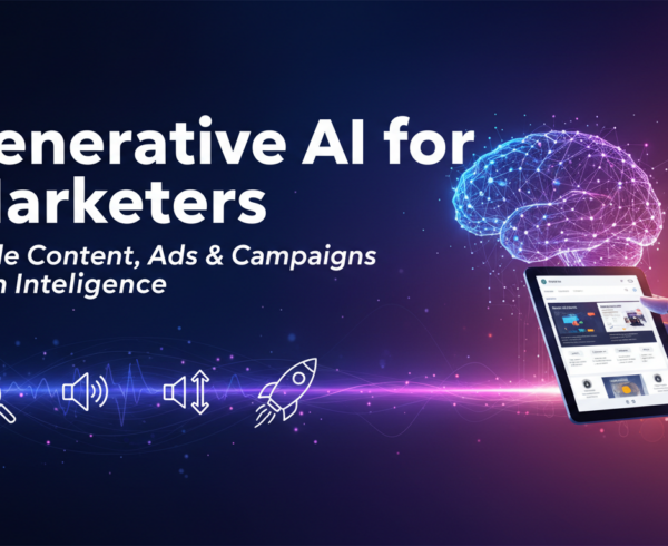 Blog banner with title 'Generative AI for Marketers: Scale Content, Ads & Campaigns with Intelligence' in bold font.