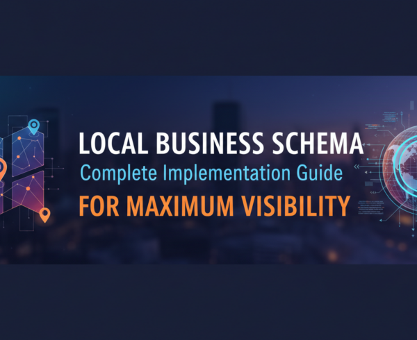 Blog banner with title 'Local Business Schema: Complete Implementation Guide for Maximum Visibility' on a blue background.