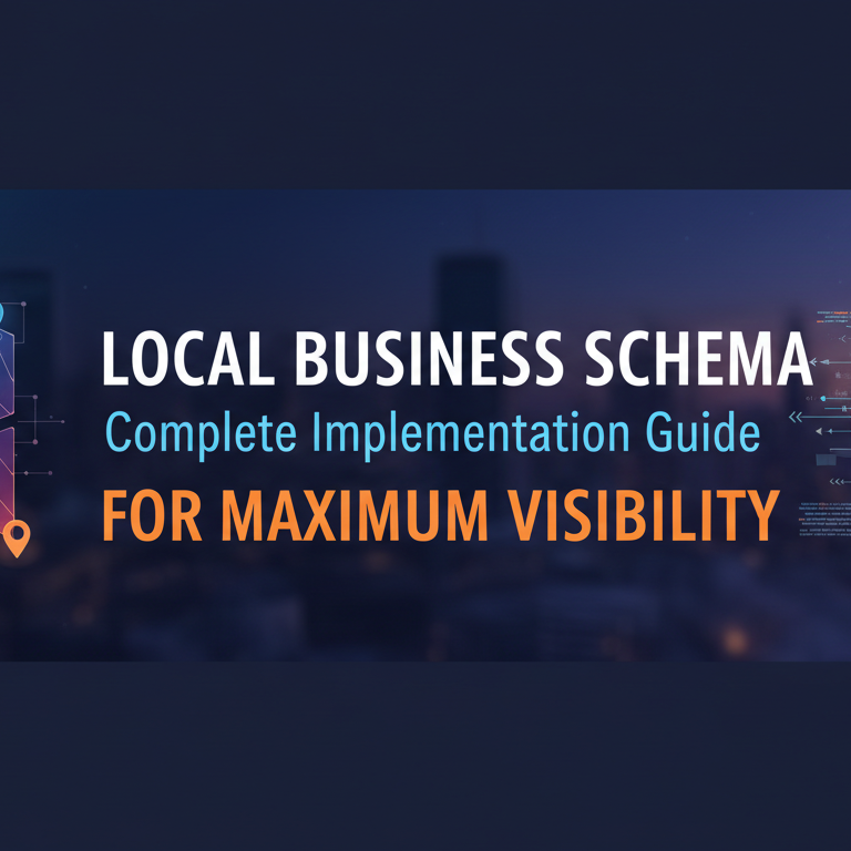 Blog banner with title 'Local Business Schema: Complete Implementation Guide for Maximum Visibility' on a blue background.