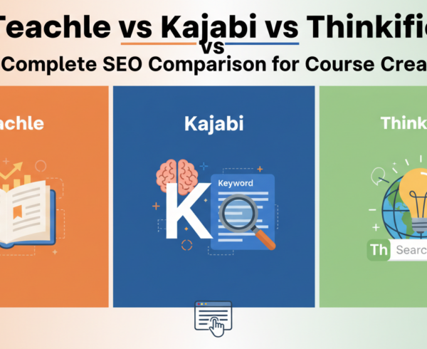Blog banner with title 'Teachable vs Kajabi vs Thinkific: SEO Comparison for Course Creators'