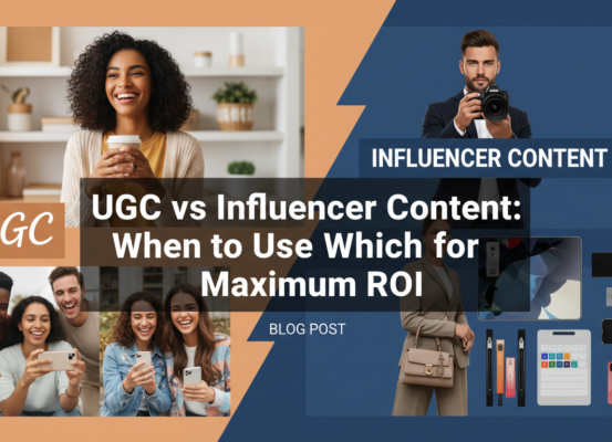 Blog banner with title 'UGC vs Influencer Content: When to Use Which for Maximum ROI', featuring graphics of people, social media icons, and a dollar sign.