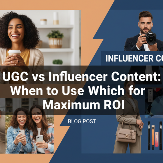 Blog banner with title 'UGC vs Influencer Content: When to Use Which for Maximum ROI', featuring graphics of people, social media icons, and a dollar sign.