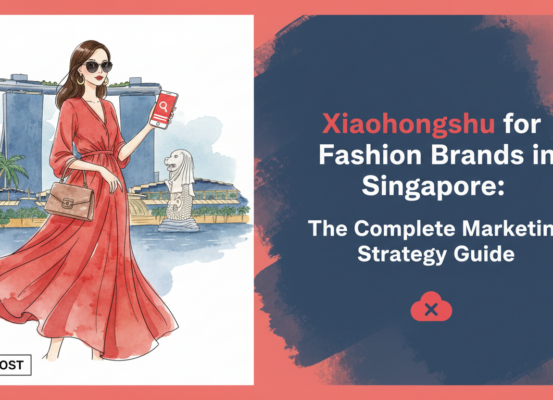 Blog banner with title 'Xiaohongshu for Fashion Brands in Singapore: The Complete Marketing Strategy Guide', featuring stylish fashion motifs and a modern design.