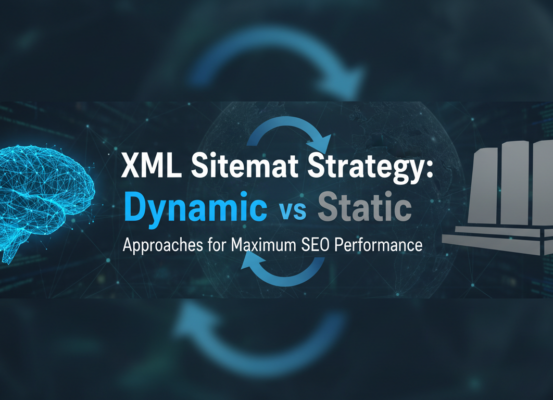 Blog banner with 'XML Sitemap Strategy: Dynamic vs Static Approaches' title, SEO theme