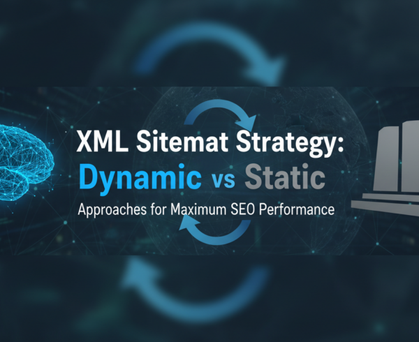Blog banner with 'XML Sitemap Strategy: Dynamic vs Static Approaches' title, SEO theme
