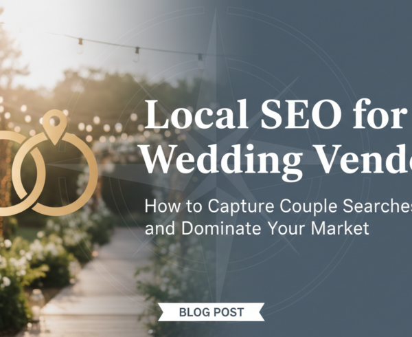 Wedding-themed banner with title 'Local SEO for Wedding Vendors: How to Capture Couple Searches and Dominate Your Market' in elegant script.