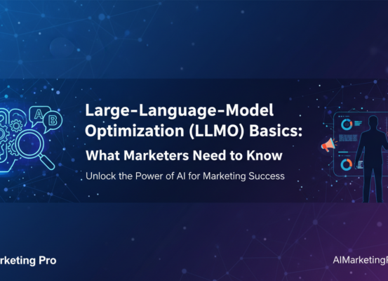 Banner reading 'Large-Language-Model Optimization Basics: What Marketers Need to Know' with tech-themed design.