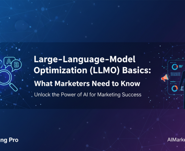 Banner reading 'Large-Language-Model Optimization Basics: What Marketers Need to Know' with tech-themed design.