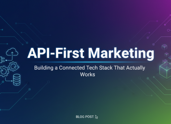 Banner with 'API-First Marketing' title, tech stack icons, modern digital theme