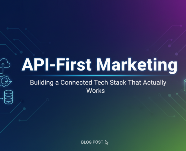 Banner with 'API-First Marketing' title, tech stack icons, modern digital theme