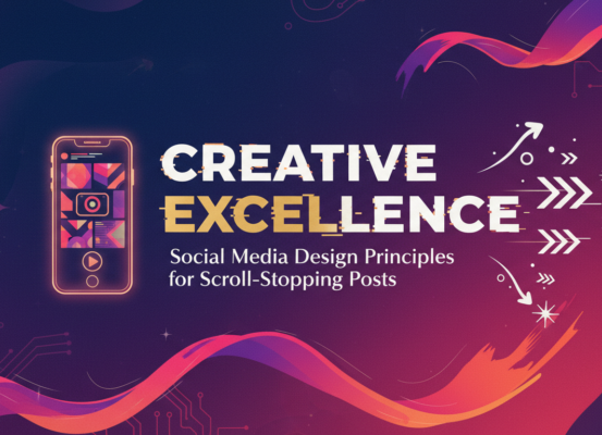 Banner with 'Creative Excellence: Social Media Design Principles for Scroll-Stopping Posts' title, colorful and engaging design.