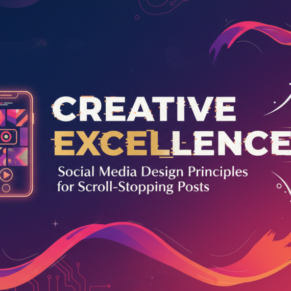 Banner with 'Creative Excellence: Social Media Design Principles for Scroll-Stopping Posts' title, colorful and engaging design.