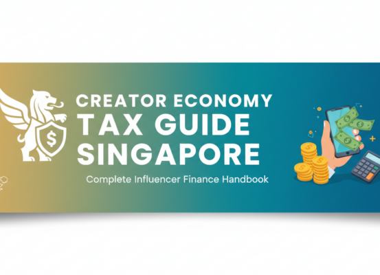 Banner with 'Creator Economy Tax Guide Singapore' title, featuring finance icons and influencers.