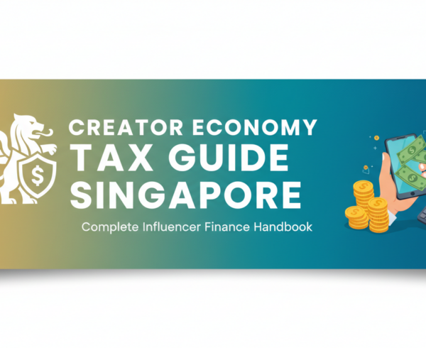 Banner with 'Creator Economy Tax Guide Singapore' title, featuring finance icons and influencers.