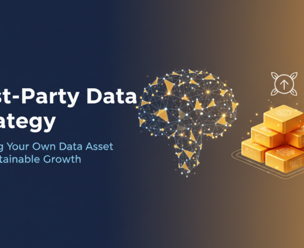 Banner with 'First-Party Data Strategy' title on a digital-themed background