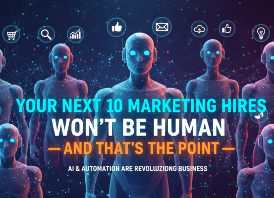 Banner with futuristic theme and title 'Your Next 10 Marketing Hires Won't Be Human — And That's the Point'