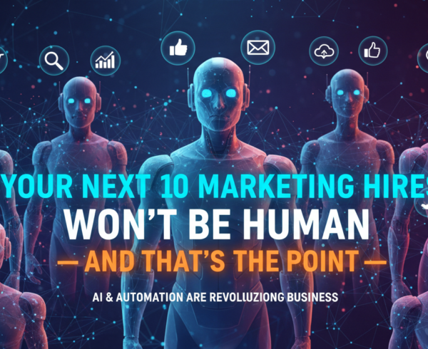 Banner with futuristic theme and title 'Your Next 10 Marketing Hires Won't Be Human — And That's the Point'
