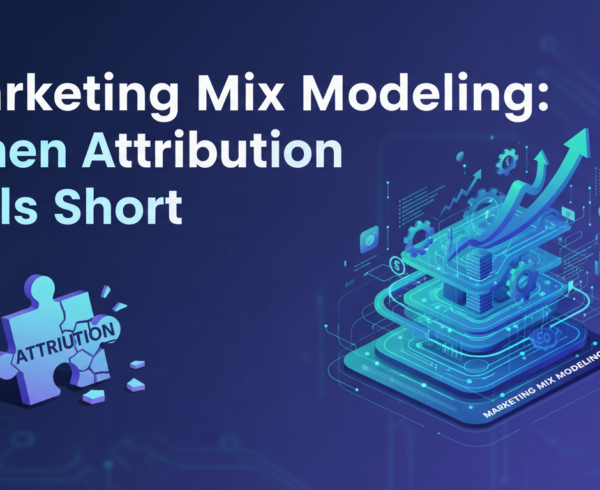 Banner with 'Marketing Mix Modeling: When Attribution Falls Short' in bold font over a digital marketing theme.