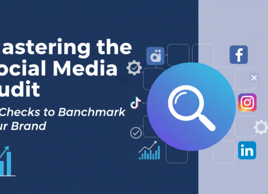 Banner with 'Mastering the Social Media Audit: 20 Checks to Benchmark Your Brand' title, modern design