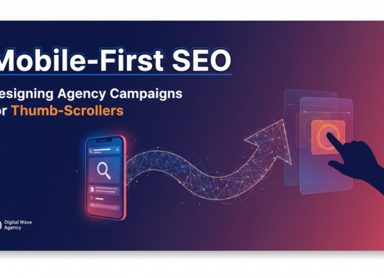Banner with 'Mobile-First SEO: Designing Agency Campaigns for Thumb-Scrollers' title, featuring modern mobile design elements.