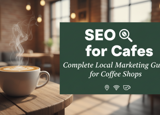 Banner with 'SEO for Cafes: Complete Local Marketing Guide for Coffee Shops' in stylish font
