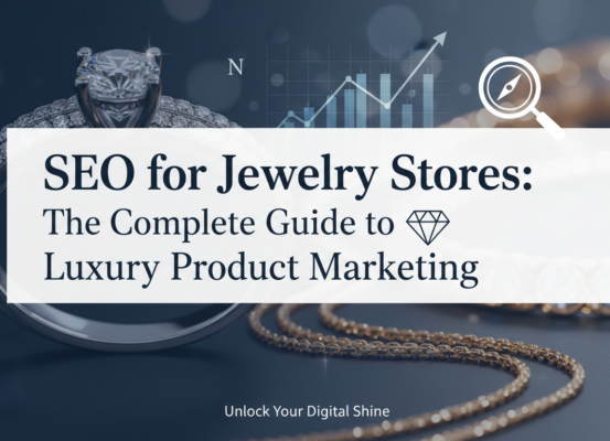 Banner with 'SEO for Jewelry Stores: The Complete Guide to Luxury Product Marketing' title