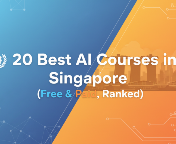 Banner with title '20 Best AI Courses in Singapore (Free & Paid, Ranked)' on a tech-themed background.