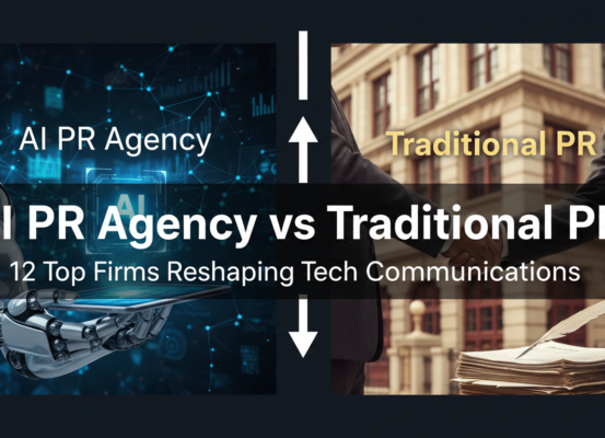 Banner with title 'AI PR Agency vs Traditional PR' and tech-themed imagery