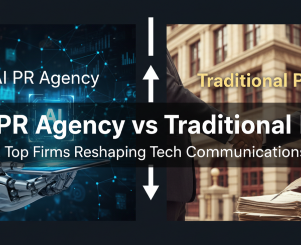 Banner with title 'AI PR Agency vs Traditional PR' and tech-themed imagery