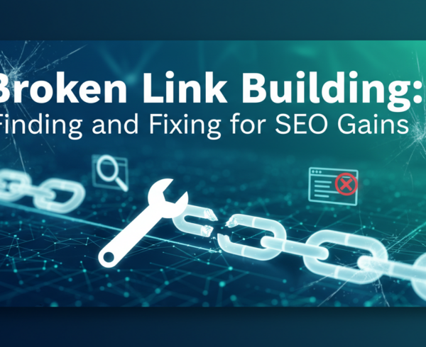 Banner with title 'Broken Link Building: Finding and Fixing for SEO Gains' on a tech-themed background.