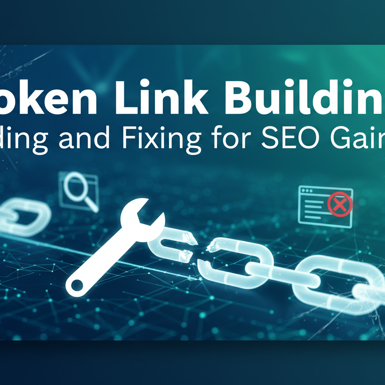 Banner with title 'Broken Link Building: Finding and Fixing for SEO Gains' on a tech-themed background.